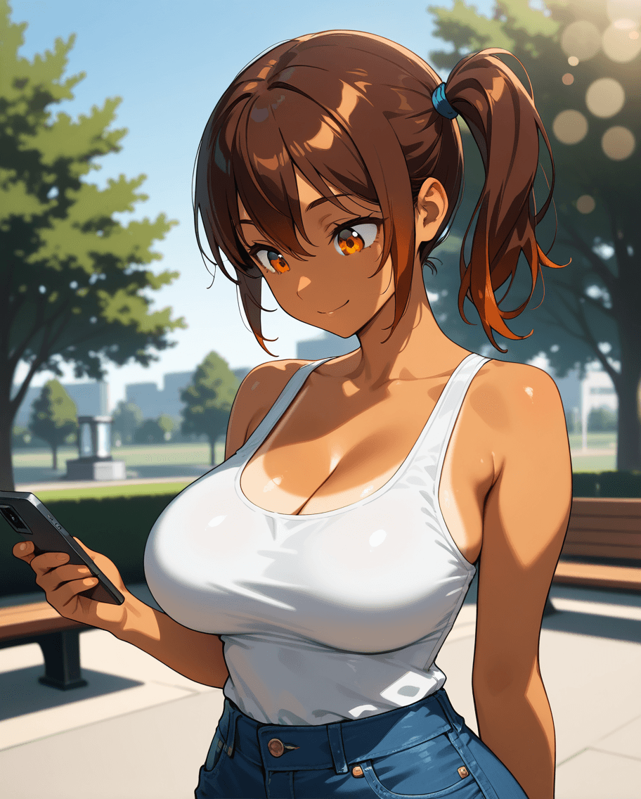 Hana Maeda checking her phone in the driver's seat of her car