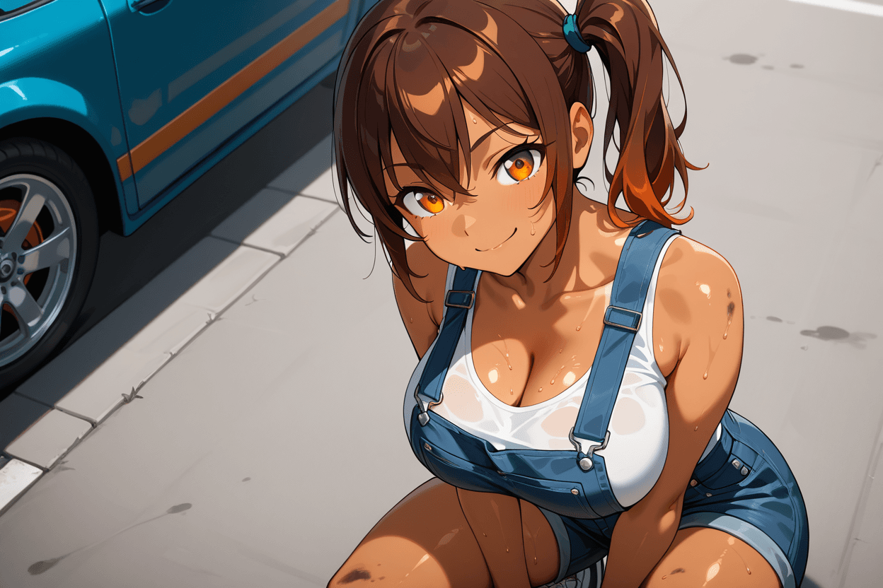 Hana Maeda working on her car in the driveway