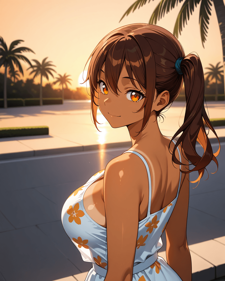 Hana Maeda in a sundress at golden hour, looking directly at viewer